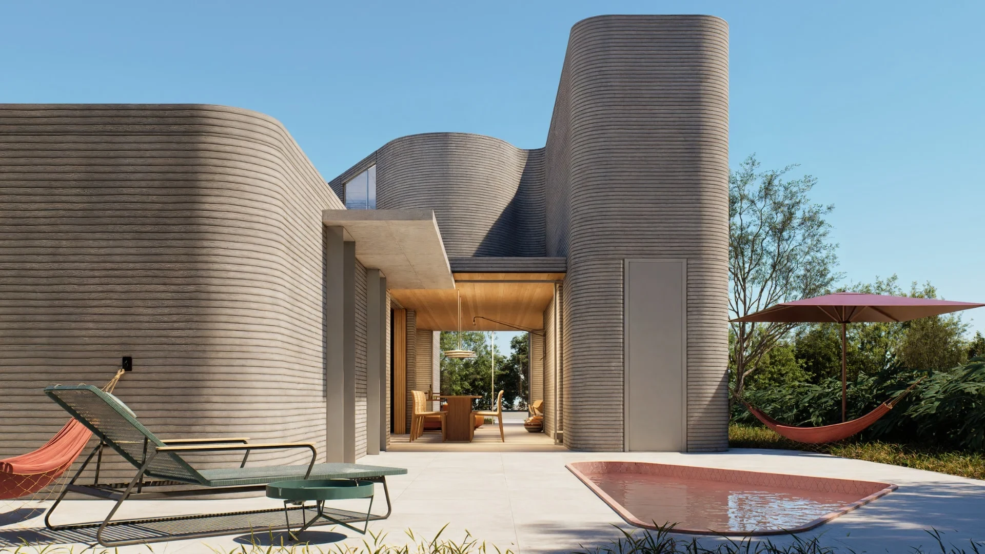 Projeto de casa do Paradiso: volumes curvos em terra e concreto, varanda aberta e piscina